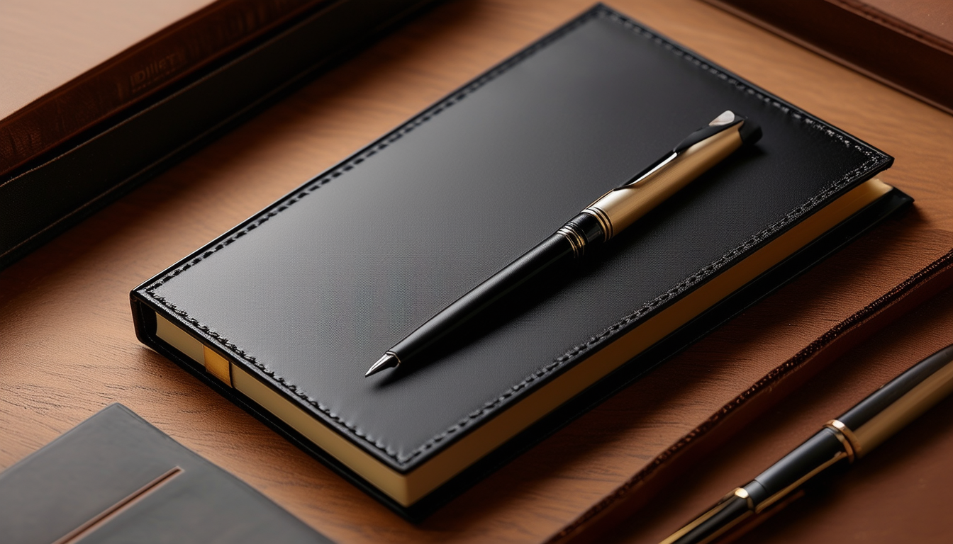 A luxurious branded leather notebook and pen set, 